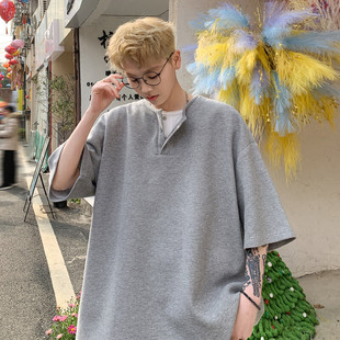 灰色假两件v领t恤男夏季美式重磅正肩短袖cleanfit设计感五分半袖