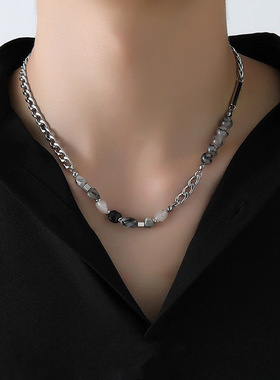 天然石黑白水晶拼接钛钢项链男小众设计高级感个性长方牌字母男