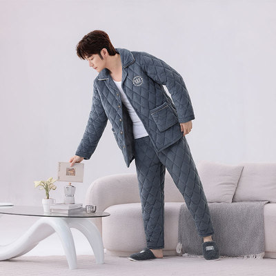 秋冬季男士珊瑚绒三层夹棉睡衣