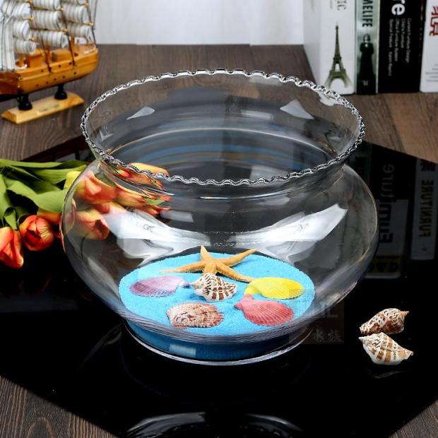 花边玻璃透明办公室小型圆形鱼缸