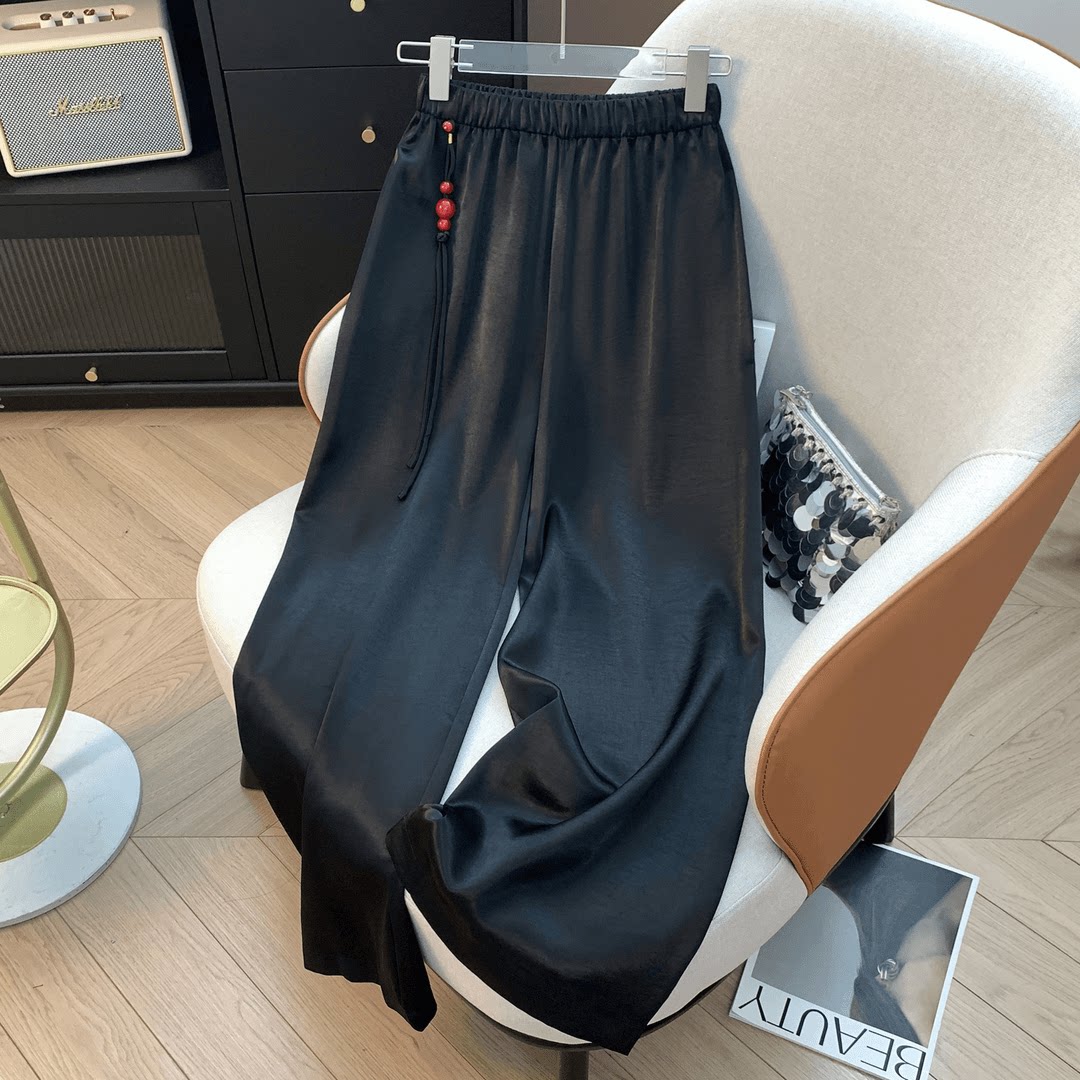 新中式高腰宽松阔腿裤女2026春季醋酸垂感休闲百搭长裤黑色直筒裤
