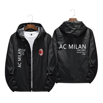 AC米兰Milan意甲足球周边连帽上衣男粉丝秋冬加绒冲锋衣夹克外套