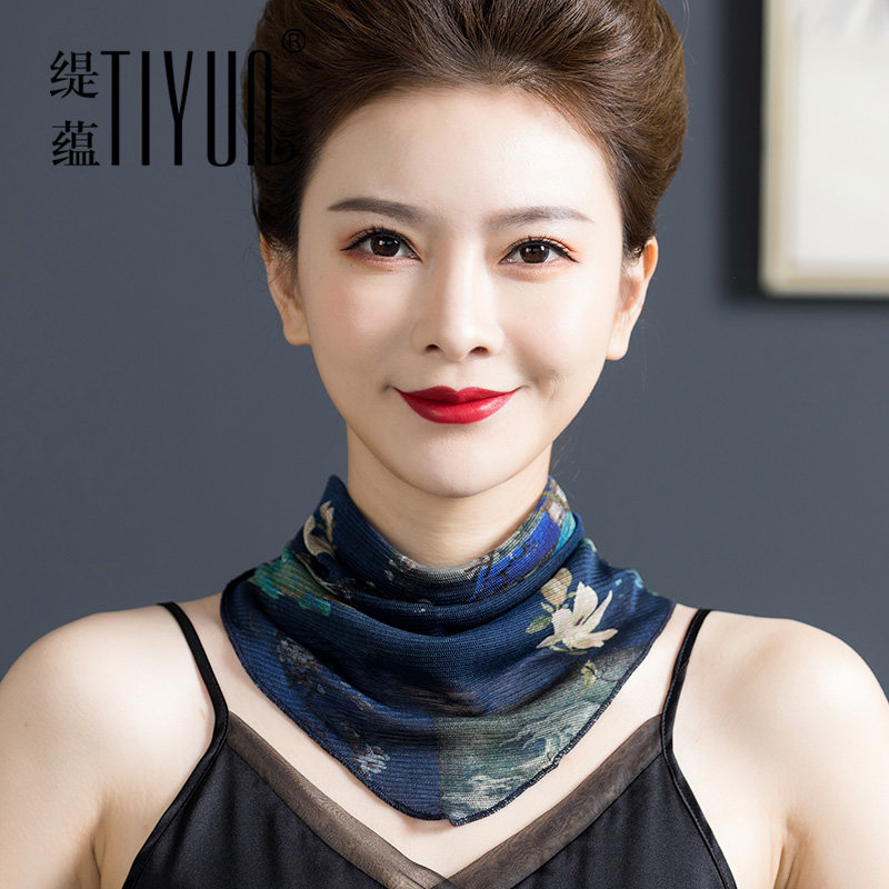 护颈围脖女夏季按扣真丝三角围巾双层桑蚕丝丝巾韩版百搭防晒脖套