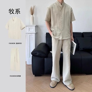 新中式国风亚麻时尚套装男夏季新款老钱风短袖衬衫休闲裤两件套