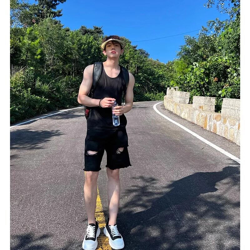 美式高街黑色破洞牛仔短裤男夏季新款潮牌宽松直筒阔腿休闲五分裤