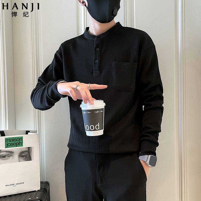 黑色长袖T恤男士春秋款高级感痞帅立领打底衫男装潮牌内搭上衣服