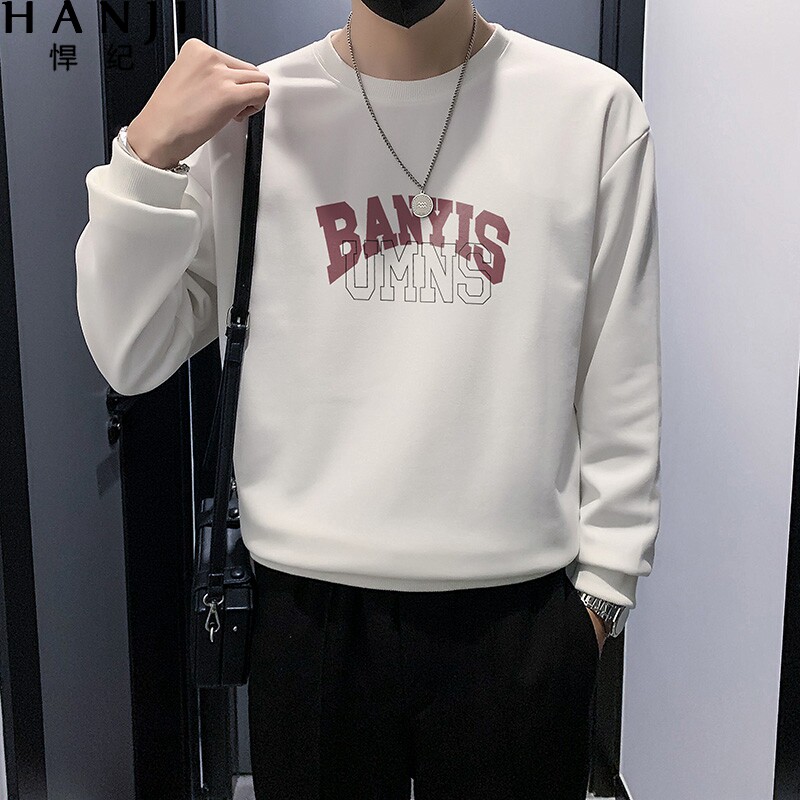 白色字母印花卫衣男士高级感炸街长袖t恤打底衫男装潮牌外套上衣