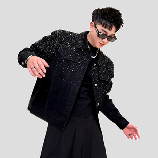 高贵上档次烫钻夹克男士春秋款高级感痞帅翻领外套男装休闲上衣服