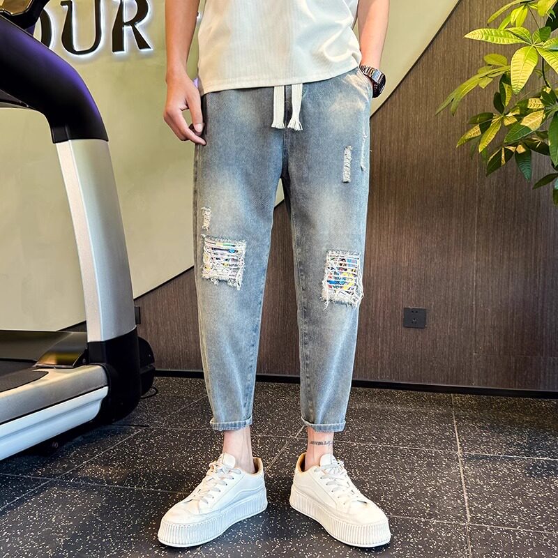2025夏季新款高级感破洞牛仔裤男款潮牌痞帅九分裤薄款休闲男裤