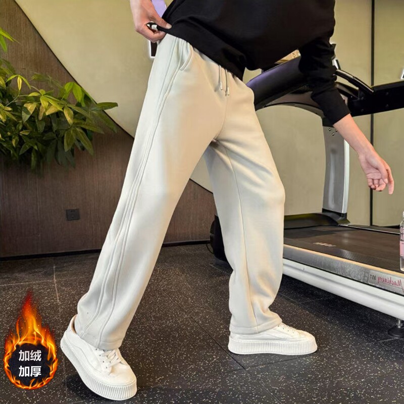 男士加绒加厚卫裤冬季2024新款宽松直筒运动休闲裤高级感弯刀长裤
