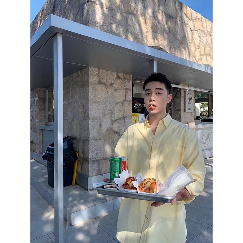 奶黄色高级感长袖衬衫男2025夏季新款韩系慵懒风轻薄防晒衬衣外套