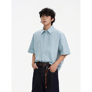 浅蓝色褶皱设计感短袖衬衫男款夏季凉感速干潮流简约百搭衬衣外套