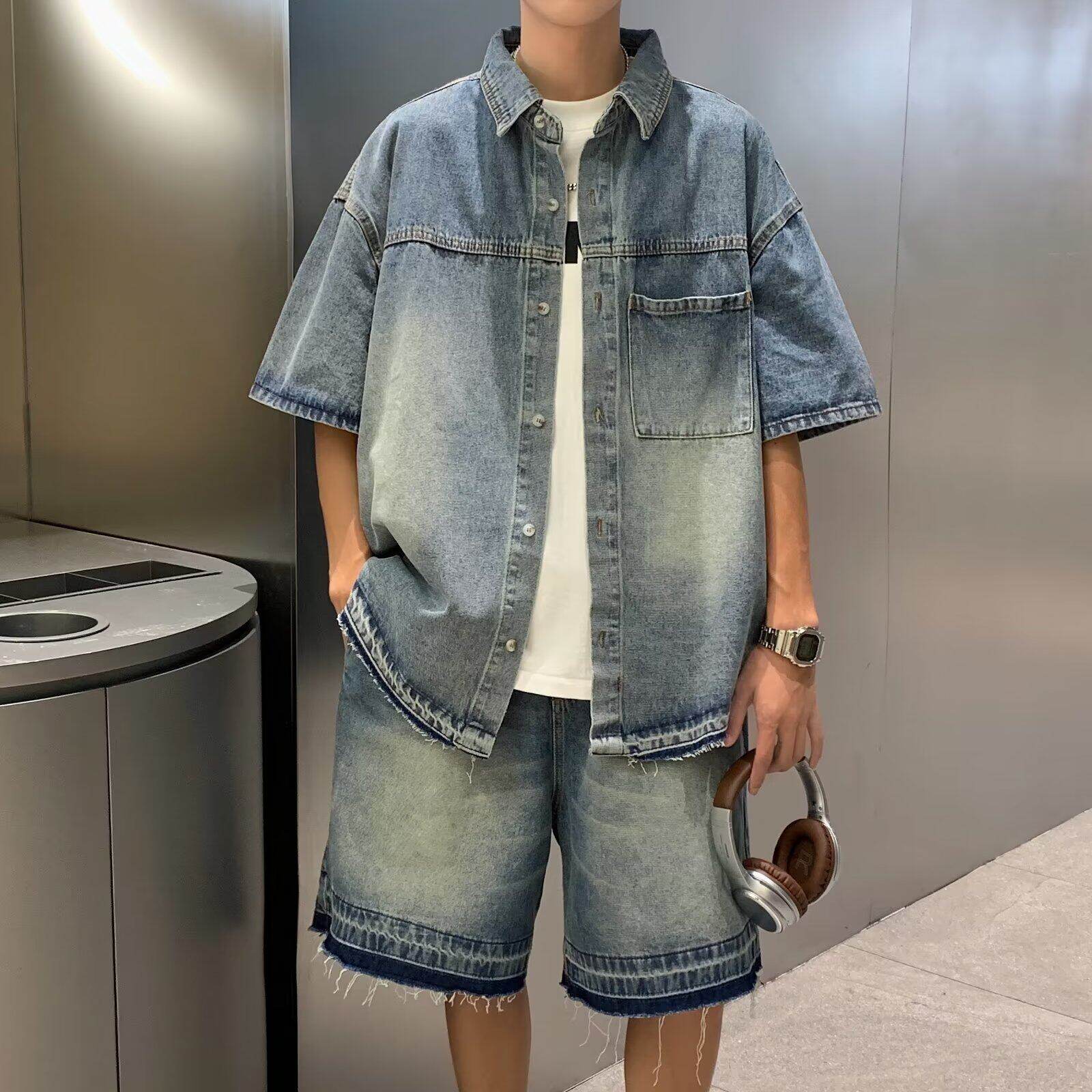 蓝色牛仔衬衫短袖短裤男套装夏季韩版高级感做旧衬衣短裤两件套潮