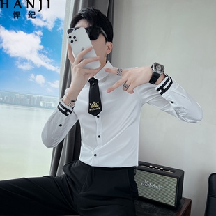 衬衫男士春秋季潮牌痞帅领带修身长袖衬衣发型师男装休闲dkjk上衣