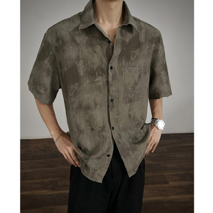 卡其色扎染短袖衬衫男款夏季潮牌高级感痞帅港风抗皱宽松半袖外套