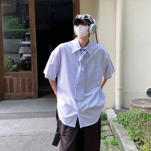 cityboy条纹领带短袖衬衫男款夏季潮牌痞帅高级感学院风百搭上衣