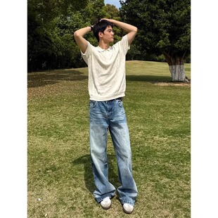 2025新款美式高街浅蓝色牛仔裤男潮牌痞帅直筒微喇裤休闲百搭长裤