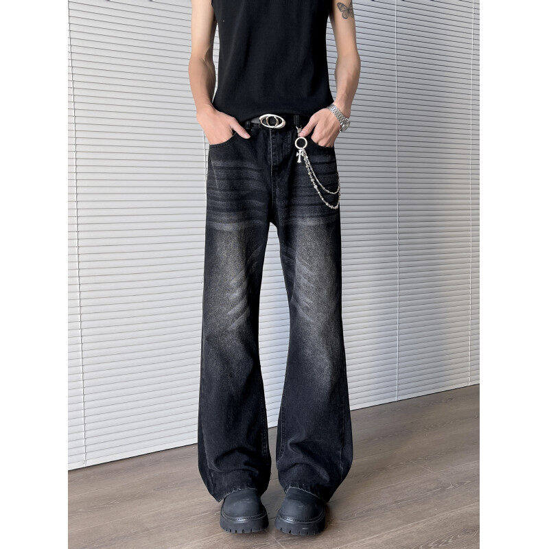 2025夏季新款美式复古水洗黑色牛仔裤男款痞帅高级感直筒微喇裤子