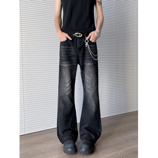 2025夏季新款美式复古水洗黑色牛仔裤男款痞帅高级感直筒微喇裤子