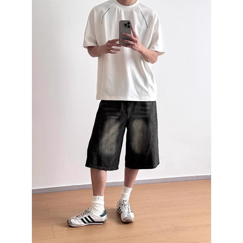 黑色水洗做旧牛仔短裤男夏季新款宽松直筒五分裤休闲百搭阔腿中裤