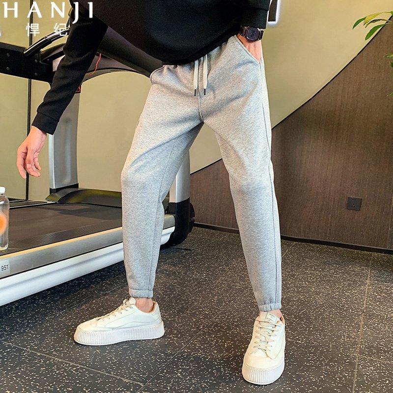 纯灰色卫裤男士秋冬季加绒加厚束脚裤子春装2024新款休闲运动长裤