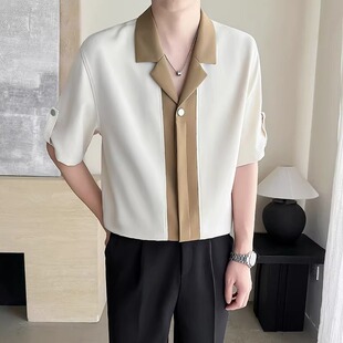 2025夏季新款短袖衬衫男休闲痞帅拼接撞色冰丝古巴领衬衣潮流时尚