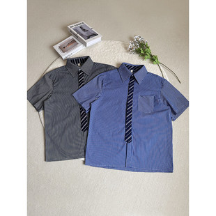 美式复古领带拼接格子衬衫男款25年夏季潮流痞帅宽松休闲短袖衬衣