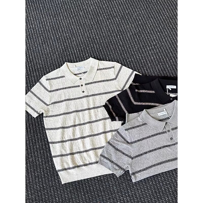 白色针织条纹短袖T恤男款2025新款老钱风小众通勤高级感半袖上衣