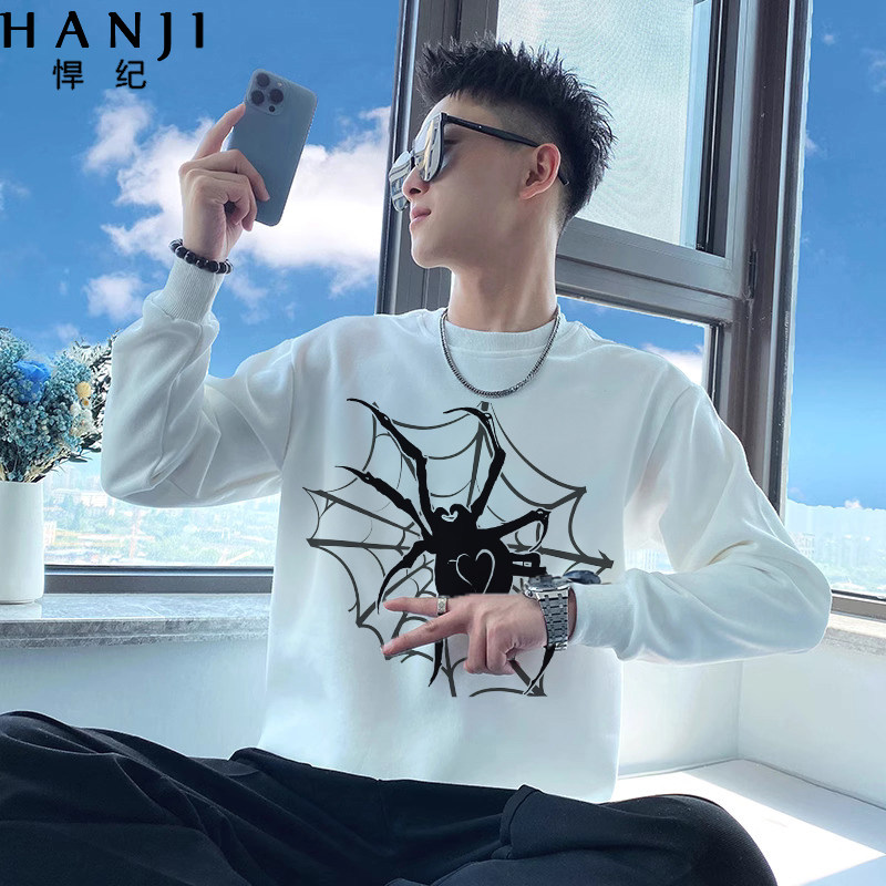 白色高级感印花卫衣男士春秋新款爆款长袖打底衫男装潮牌外套上衣