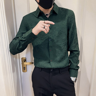 发型师潮牌男装春秋季2024新款高级感长袖衬衫痞帅修身绿色上衣服