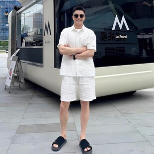 夏季新款白色亚麻短袖衬衫套装男高级感痞帅休闲松弛感短裤两件套