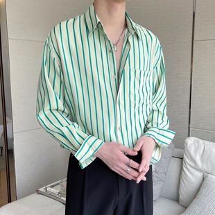 轻熟风条纹长袖衬衫男款夏季新款潮流时尚宽松休闲痞帅高级感衬衣