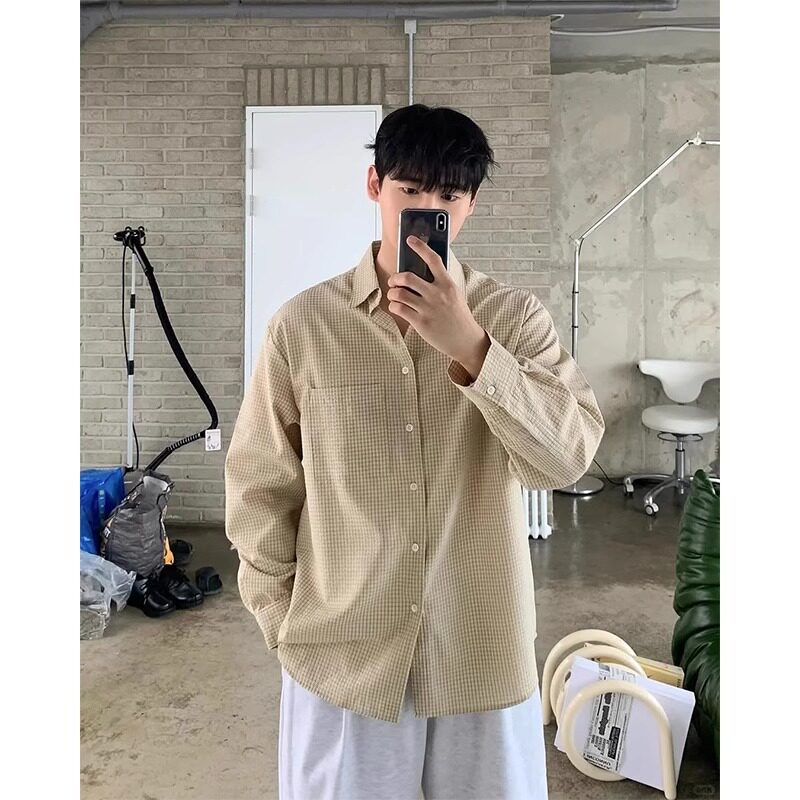 杏色格子长袖衬衫男款夏季穿搭日系慵懒风少年感休闲衬衣薄款外套