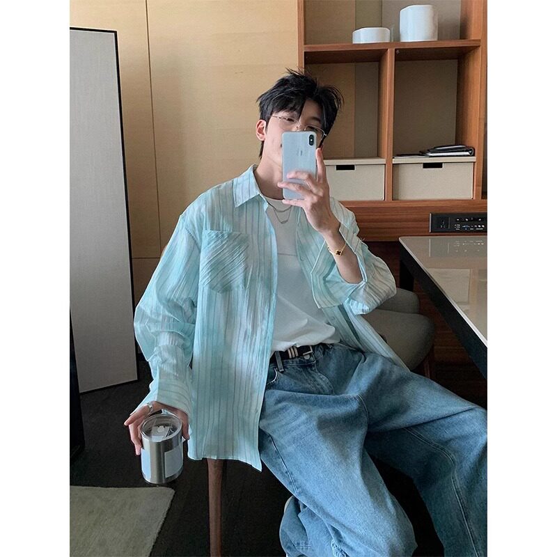 绿色清凉速干扎染条纹衬衫男款夏季清新百搭宽松防晒长袖衬衣外套