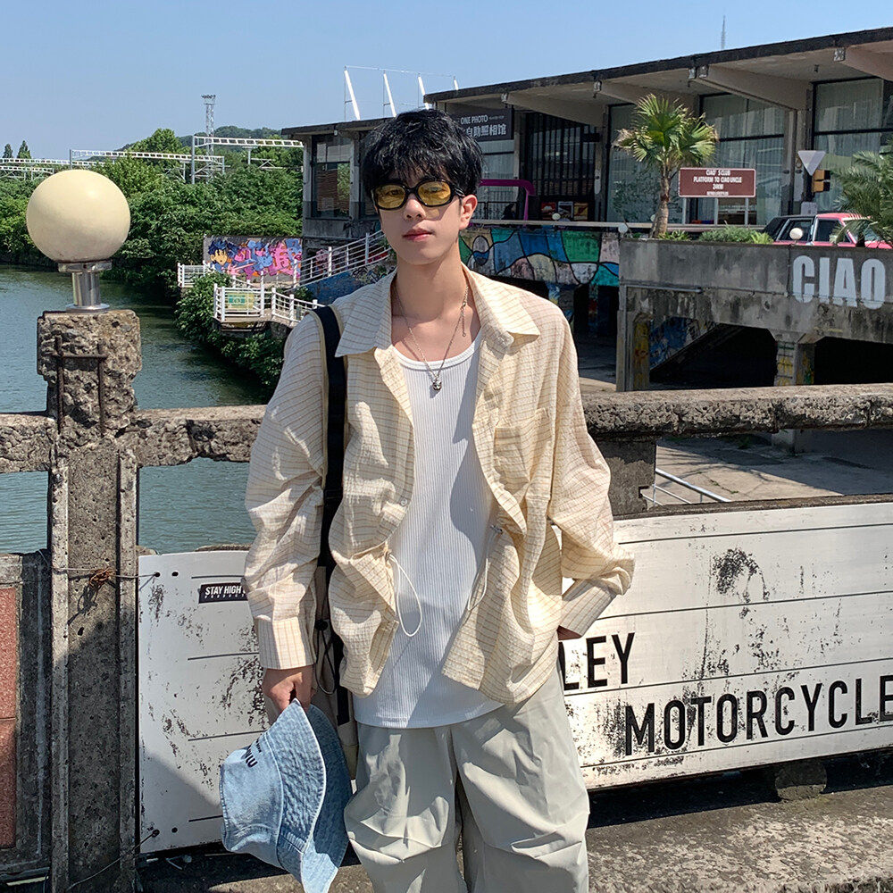 阳光帅气浅黄色格纹衬衫男款夏季韩版宽松休闲百搭长袖衬衣外套潮