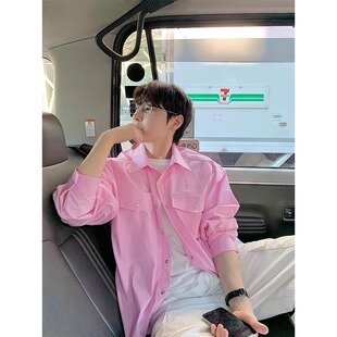 25年新款粉色口袋长袖衬衫男款春夏季韩系慵懒感休闲百搭衬衣外套