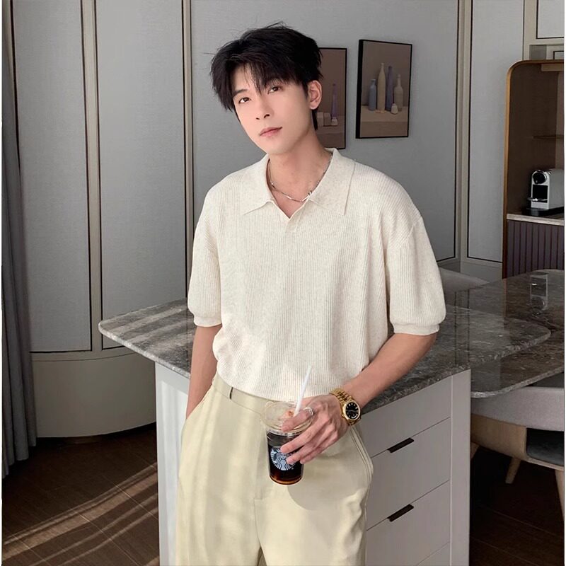 韩系通勤穿搭白色针织短袖T恤男夏季新款高级感休闲百搭chic上衣