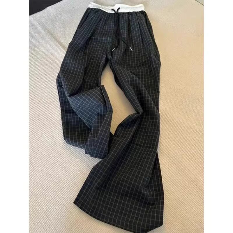 2025夏季新款显瘦格子宽松阔腿休闲裤男款松紧腰痞帅慵懒风长裤