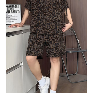 豹纹冰丝垂感短袖套装男夏季潮流痞帅大码宽松痞帅衬衫短裤两件套