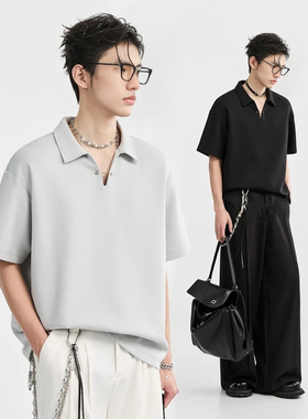 蓝灰色V领设计polo衫短袖t恤男25年夏季潮流宽松简约百搭半袖上衣