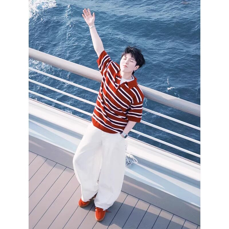 红色针织条纹短袖t恤男夏季爆款撞色高级感宽松百搭五分半袖上衣