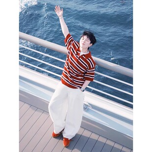 红色针织条纹短袖t恤男夏季爆款撞色高级感宽松百搭五分半袖上衣