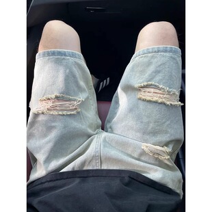 2025夏季破洞牛仔短裤男款浅色乞丐刮烂沙滩裤美式潮牌痞帅五分裤