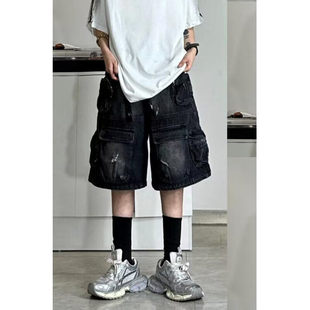 美式vibe街头多口袋工装牛仔短裤男款痞帅潮牌宽松显瘦阔腿五分裤