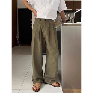军绿色亚麻休闲裤男款夏季潮牌痞帅宽松直筒阔腿大口袋痞帅长裤子