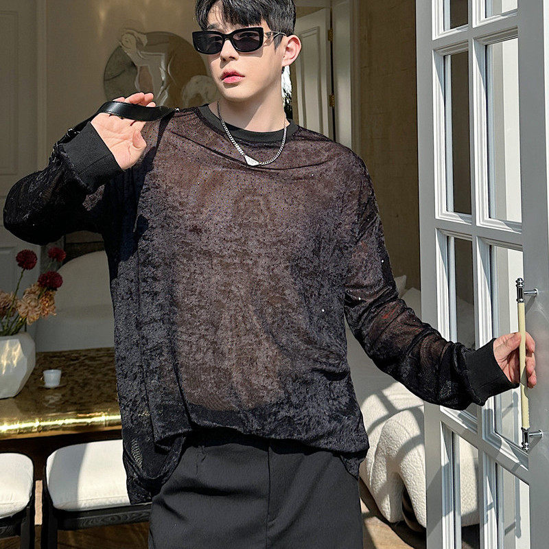 黑色透视网纱长袖T恤男款春夏季韩系高级感痞帅宽松休闲百搭上衣