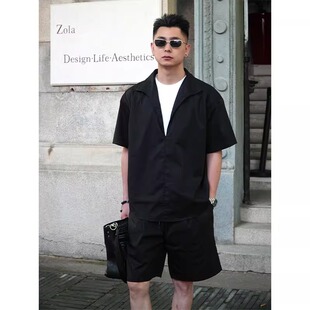25年新款黑色假两件上衣男套装夏季薄款轻奢高级感短袖短裤两件套