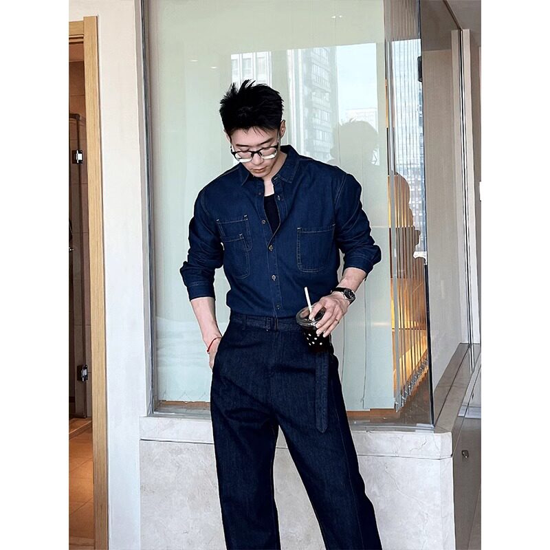 2025夏季新款美式复古水洗牛仔衬衫男款潮牌宽松休闲百搭长袖衬衣