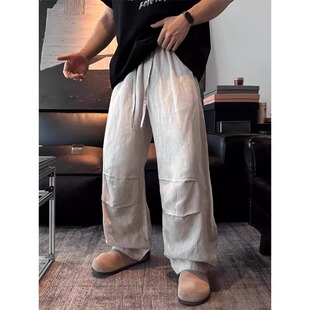 2025新款棉麻裤子男夏季薄款透气亚麻老钱风慵懒感褶皱阔腿休闲裤