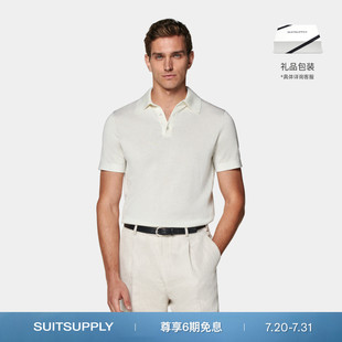 男短袖 SUITSUPPLY夏米白色Polo衫 棉桑蚕丝混纺纽扣休闲